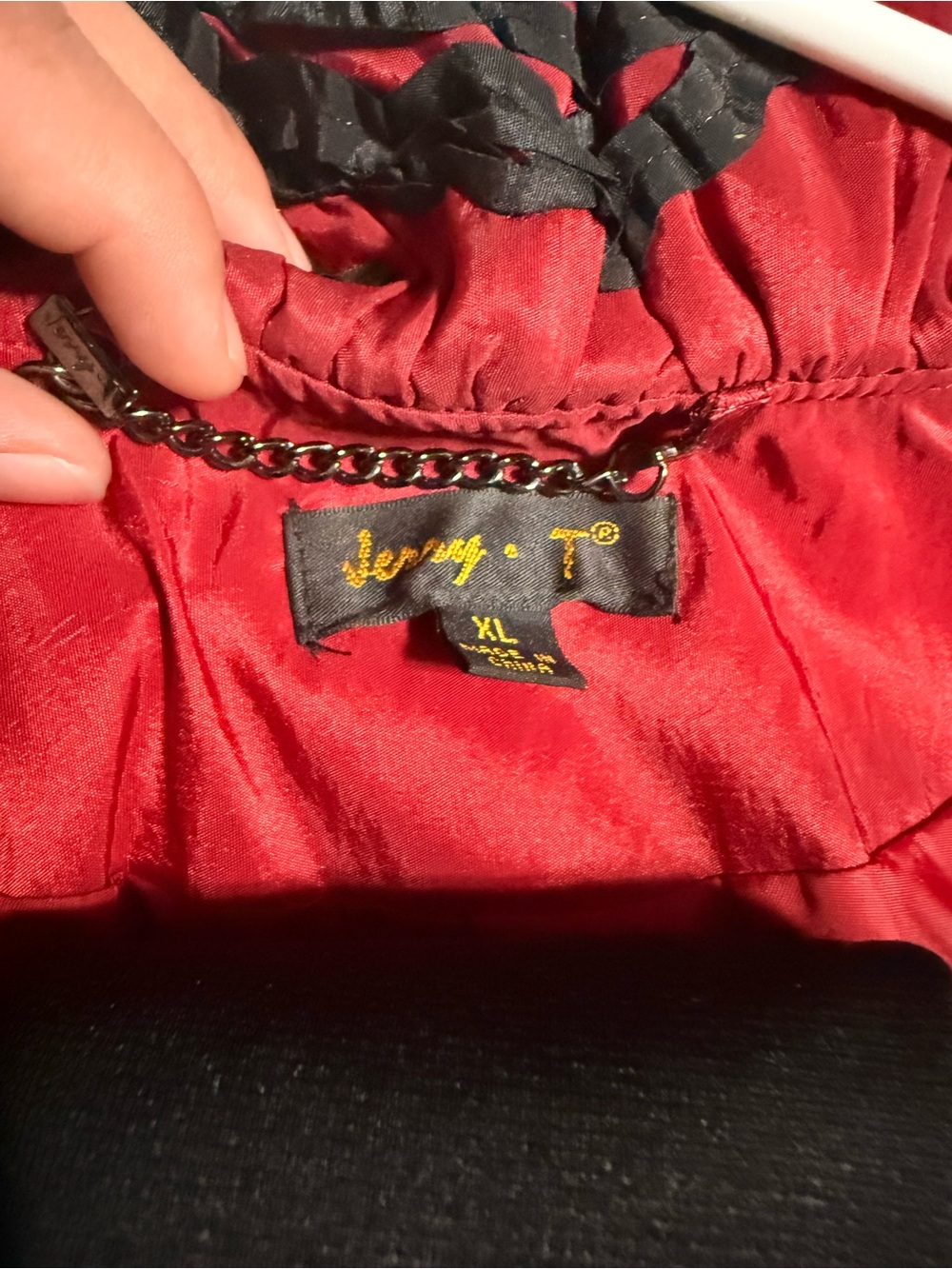 Red Satin Trench Coat with Black Floral Appliqué - Picture 4 of 4